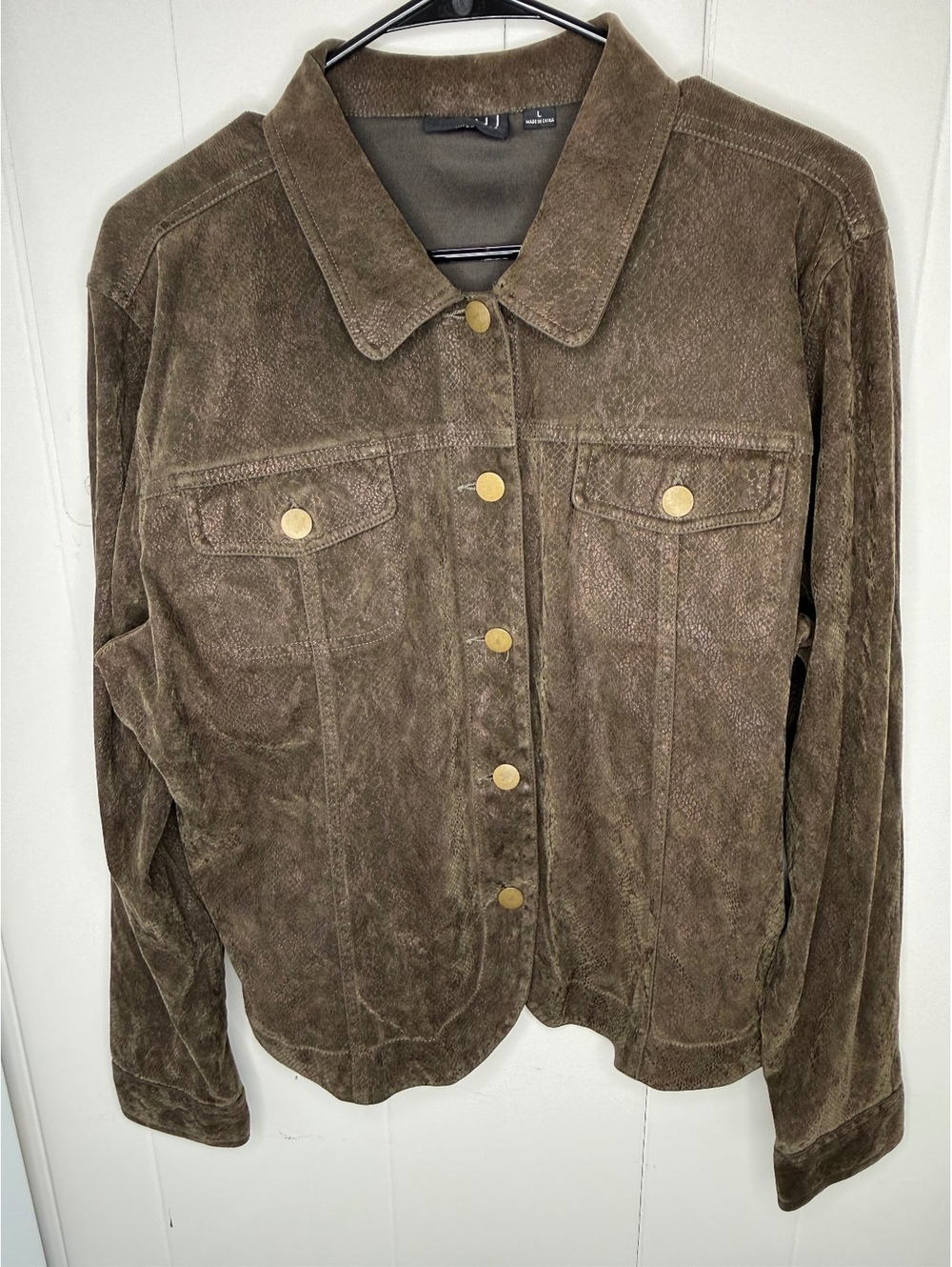 Women's Brown Faux Suede Button-Up Jacket with Chest Pockets, Size large